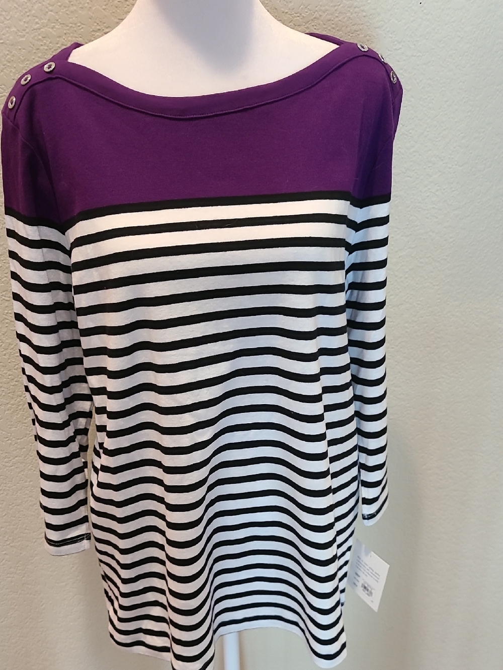 croft & barrow Purple Yoke Black and White Striped Boatneck Top Size L New